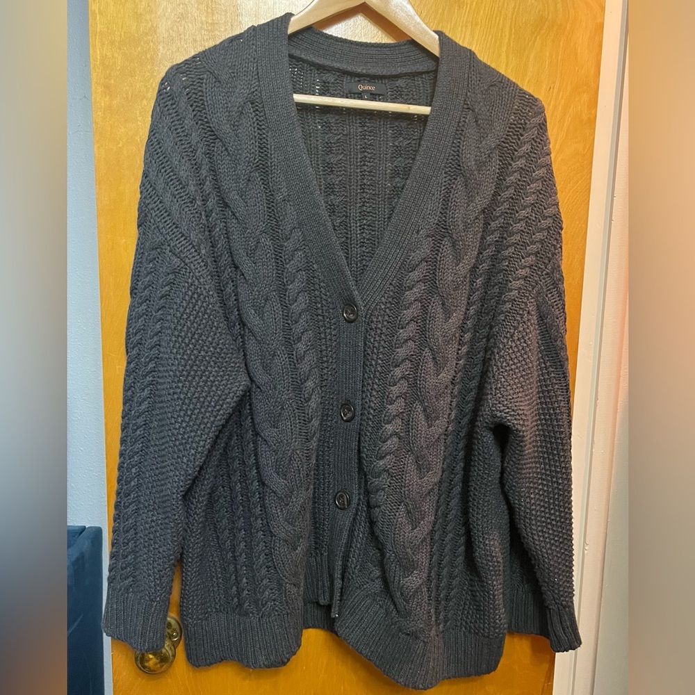 Quince 100% Organic Cotton Cable Cardigan - Charcoal Gray size Large (oversized)